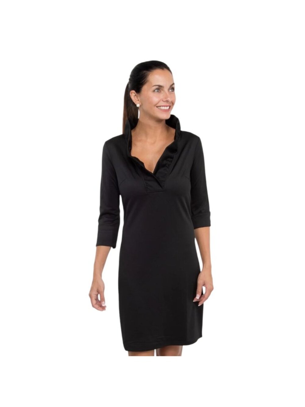 Gretchen Scott Women's Black Ruffleneck Dress 3/4 Sleeves Size S